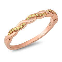 Sterling Silver Rose Gold Plated Braided Band With Yellow Cubic Zirconia Ring
