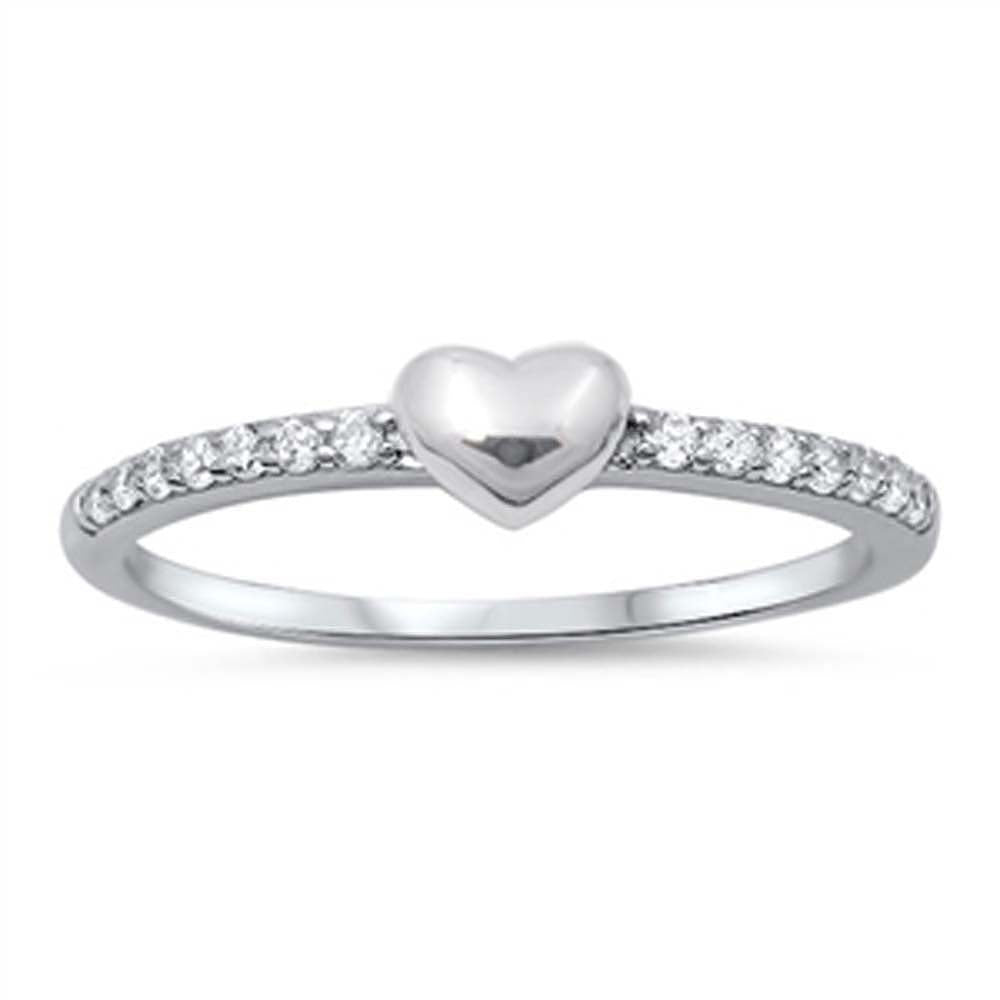 Sterling Silver Fancy Band Ring Set with Clear Czs and Centered Plain Heart DesignAnd Face Height of 4MM