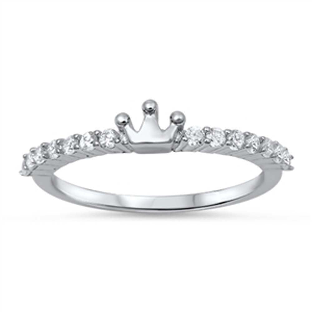 Sterling Silver Trendy Band Ring Set with Clear Czs and Centered Crown DesignAnd Face Height of 4MM