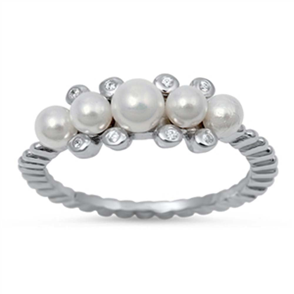 Sterling Silver Simulated Pearl And Cubic Zirconia Ring