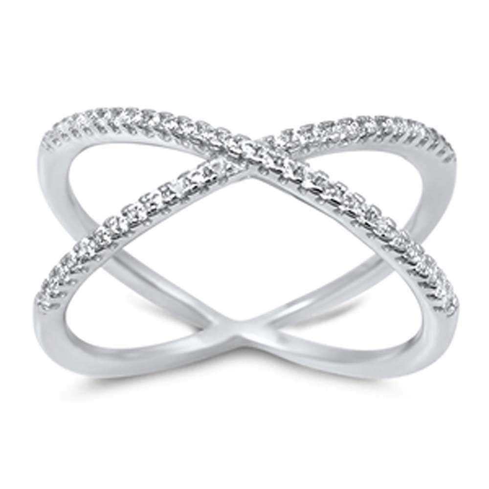 Sterling Silver Fancy Criss-Cross X Band Ring Embedded with Clear CzsAnd Face Height of 9MM