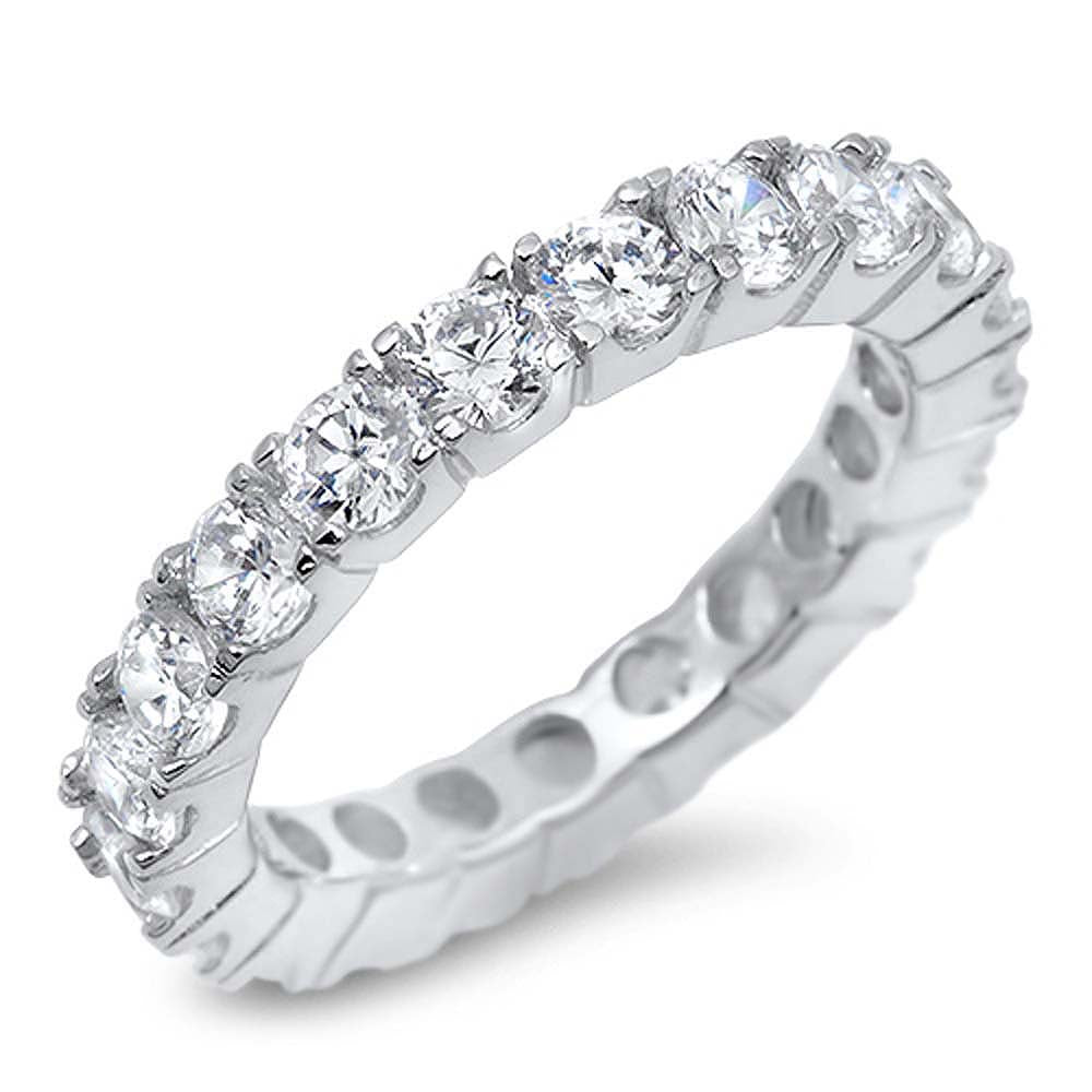 Sterling Silver Large Round Cut Clear Czs Eternity Band Ring with Band Width of 4MM