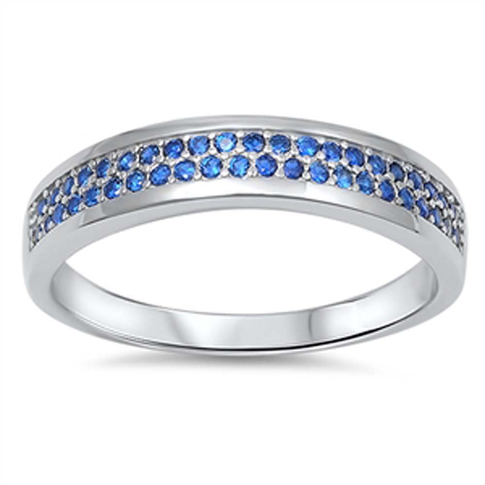 Sterling Silver Fancy Two Row Micro Paved Blue Sapphire Czs Eternity Band Ring with Face Height of 5MM