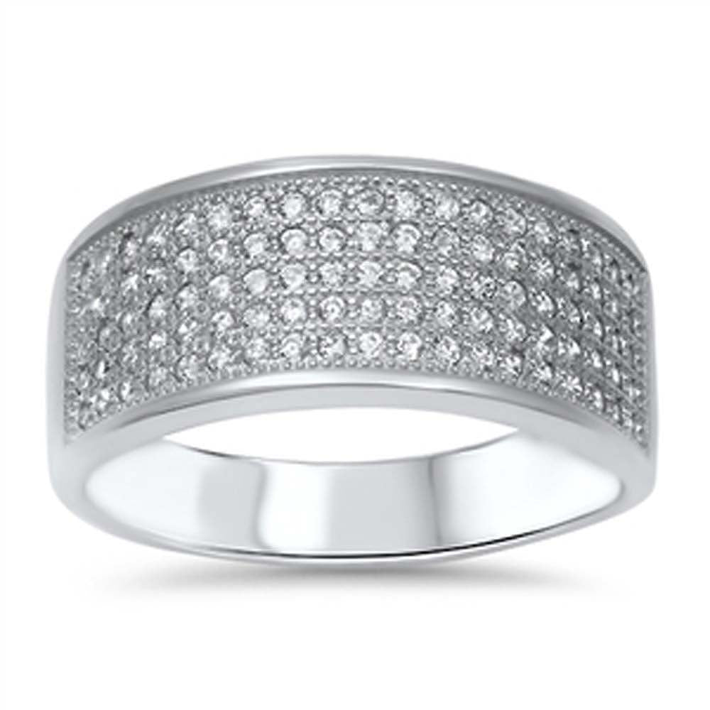 Sterling Silver Elegant Flat Band Ring Embedded with Micro Paved Clear CzsAnd Face Height of 9MM