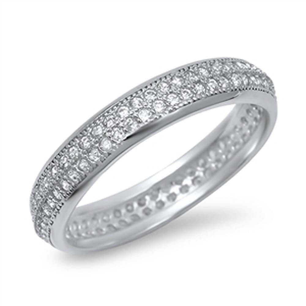 Sterling Silver Double Row Micro Paved Clear Czs Eternity Band Ring with Band Width of 4MM