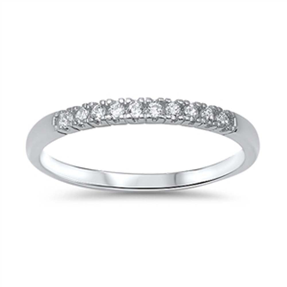 Sterling Silver Band Ring Set with Round Cut Clear Czs, Band Width of 2MM
