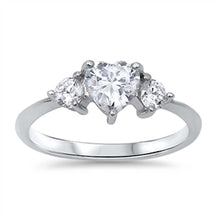 Load image into Gallery viewer, Sterling Silver Classy Ring with Centered Solitaire Heart Cut Clear Cz with Round Cut Clear Cz on Both SidesAnd Face Height of 7MM