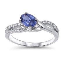 Load image into Gallery viewer, Sterling Silver Swirl Design Band Ring Embedded with Clear Czs and Centered Solitaire Oval Cut Tanzanite CzAnd Face Height of 8MM