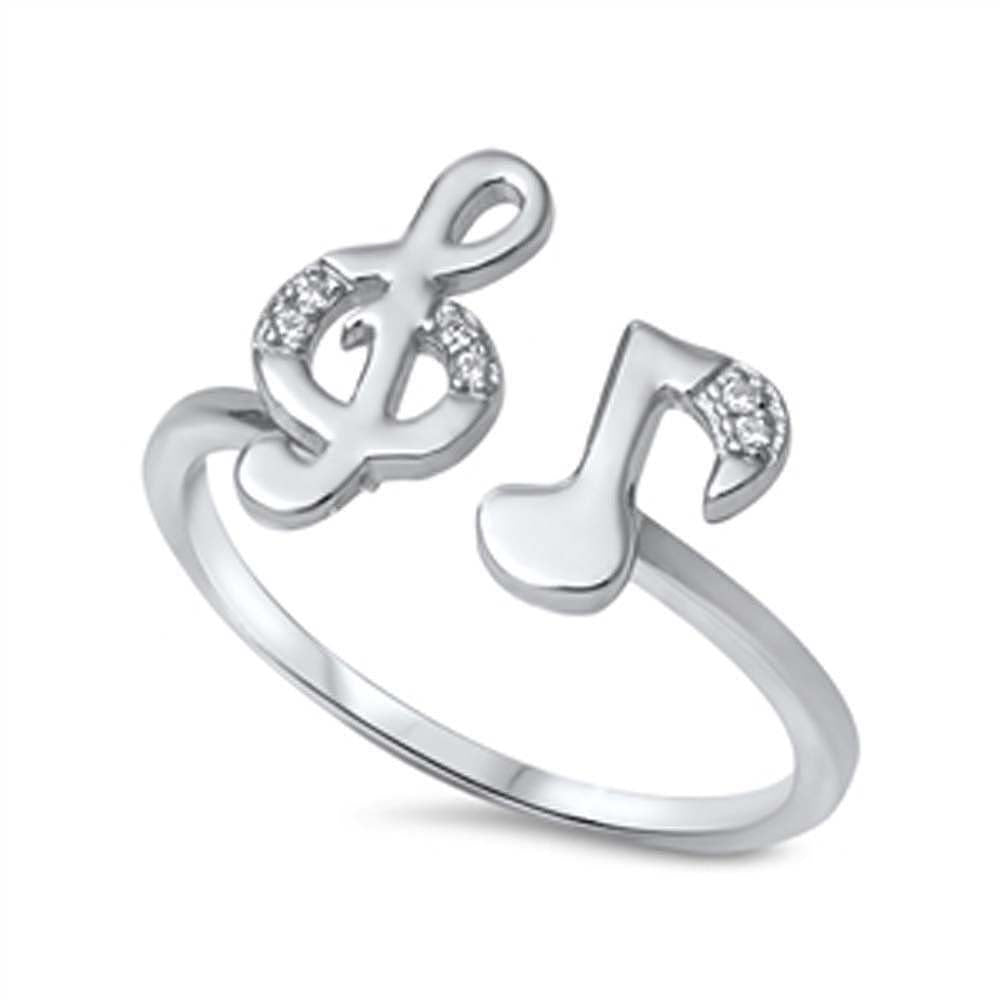 Sterling Silver Trendy Music Note Design Inlaid with Clear Cz Stones Open Band RingAnd Face Height of 12MM