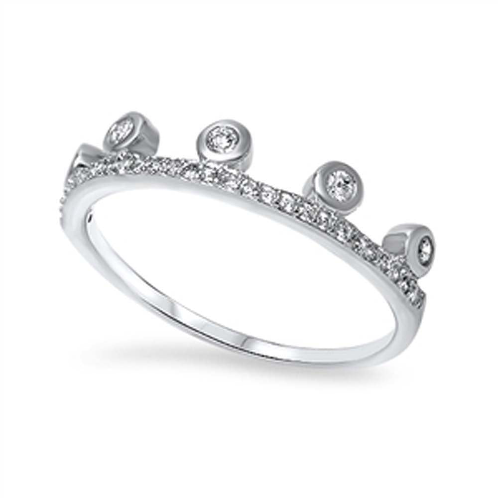 Sterling Silver Fancy Crown Design Paved Band Ring with Face Height of 4MM