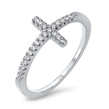 Load image into Gallery viewer, Sterling Silver Pave Set Clear CZ Fancy Side-Ways Cross Ring with Ring Face Height of 9MM