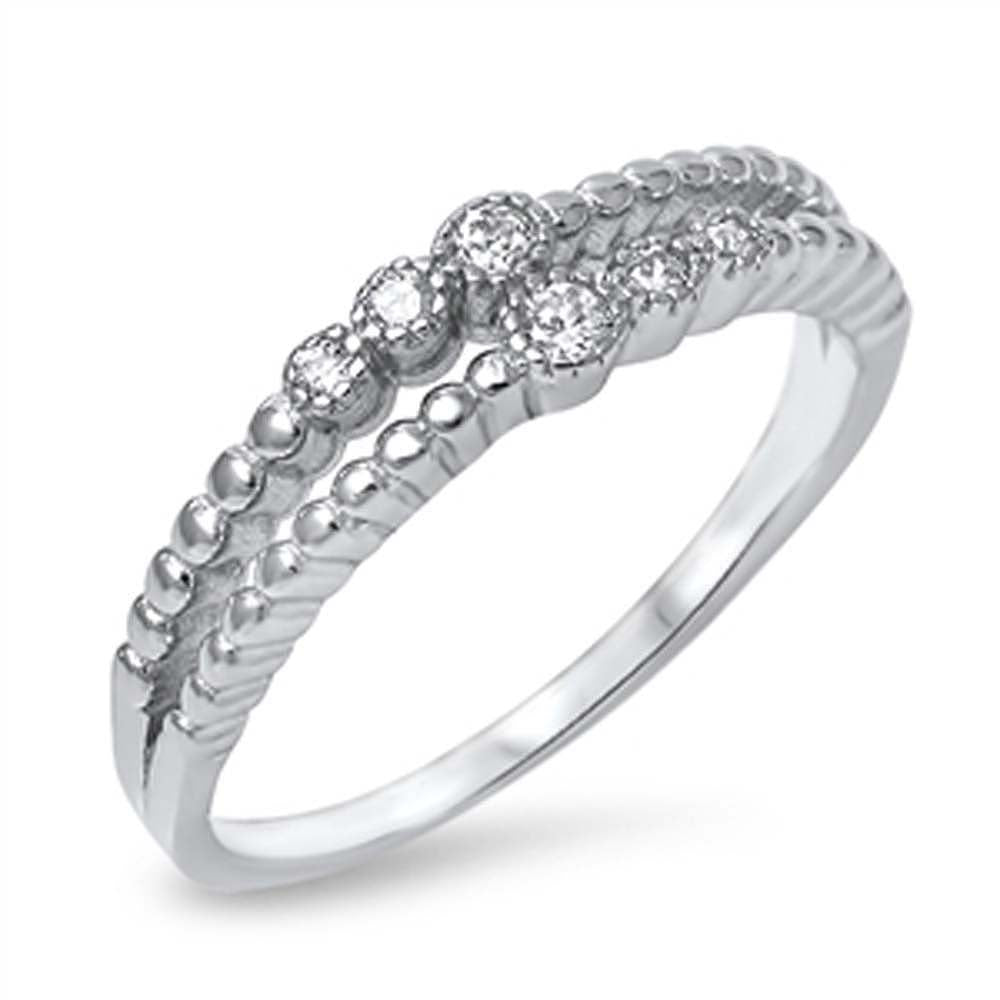 Sterling Silver Two Row Band Ring Inlaid with Clear Cz StonesAnd Face Height of 5MM