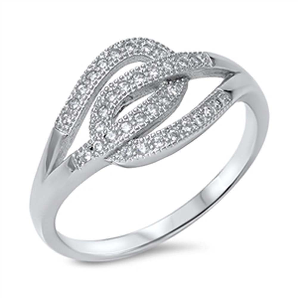 Sterling Silver Stylish Paved Double Loop Design Ring with Face Height of 11MM