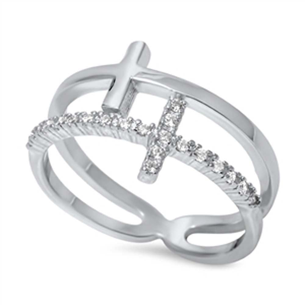 Sterling Silver Stylish Double Sideways Cross Design Open Band Ring with Face Height of 12MM