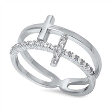 Load image into Gallery viewer, Sterling Silver Stylish Double Sideways Cross Design Open Band Ring with Face Height of 12MM