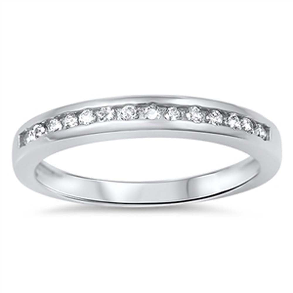 Sterling Silver Band Ring Set with Round Cut Clear Czs on Channel Setting, Face Height of 3MM