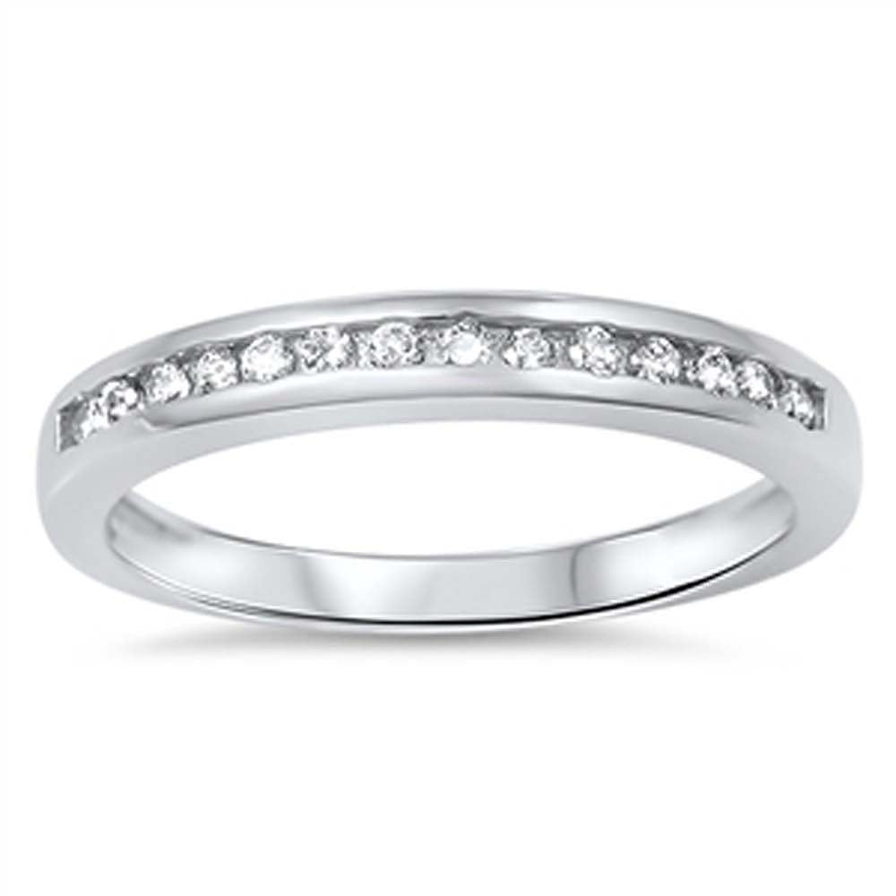 Sterling Silver Classy Band Ring Set with Round Cut Clear Czs on Channel SettingAnd Face Height of 3MM