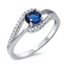 Load image into Gallery viewer, Sterling Silver Elegant Swirl Band Ring Embedded with Clear Czs and Centered Round Cut Blue Sapphire Cz StoneAnd Face Height of 8MM