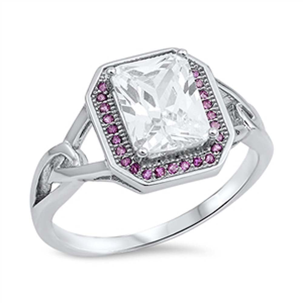 Sterling Silver Fancy Radiant Cut Clear Cz with Pave Pink Cz Halo Setting Split Band RingAnd Face Height of 13MM