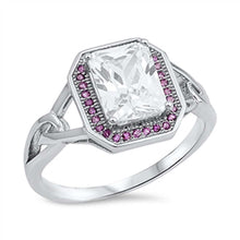 Load image into Gallery viewer, Sterling Silver Fancy Radiant Cut Clear Cz with Pave Pink Cz Halo Setting Split Band RingAnd Face Height of 13MM