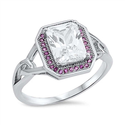 Sterling Silver Fancy Radiant Cut Clear Cz with Pave Pink Cz Halo Setting Split Band RingAnd Face Height of 13MM
