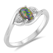 Load image into Gallery viewer, Sterling Silver Round Shaped Black Lab Opal Clear CZ Ring