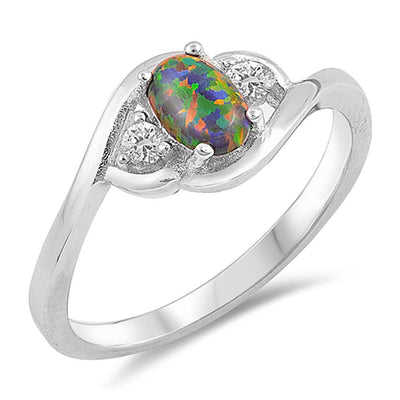 Sterling Silver Round Shaped Black Lab Opal Clear CZ Ring