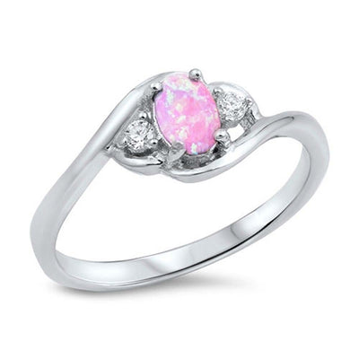 Sterling Silver Oval Pink Lab Opal Rings With CZ StonesAnd Face Height 8mm