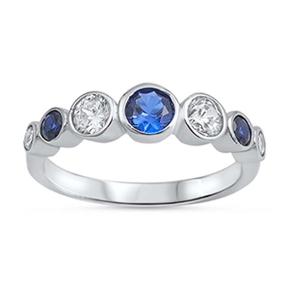 Sterling Silver Fancy Multi Round Cut Clear and Blue Sapphire Cz Stones on Bezel Setting RingAnd Face Heigth of 5MM