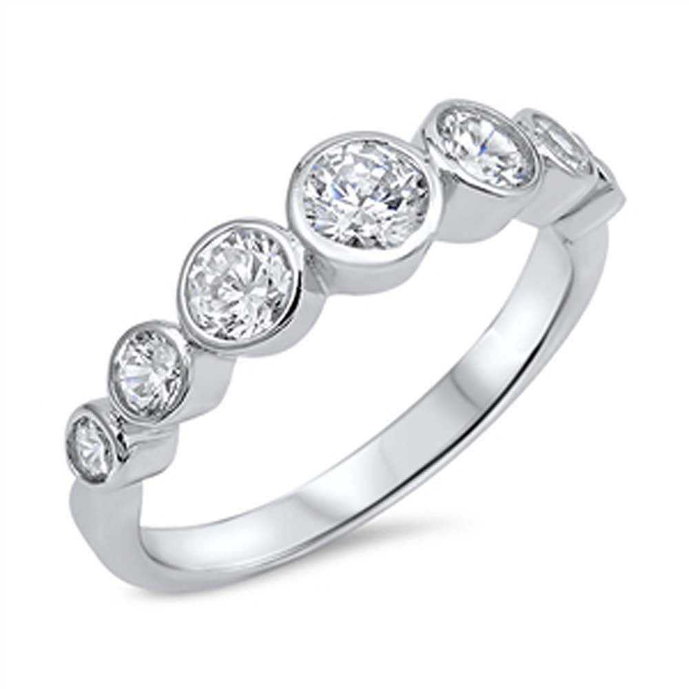 Sterling Silver Fancy Multi Round Cut Clear Cz Stones on Bezel Setting RingAnd Face Heigth of 5MM