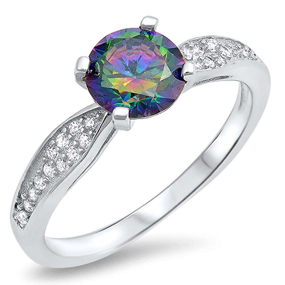 Sterling Silver Pave Set Cz Engagement Ring With a 7MM Prong Set Rainbow Topaz