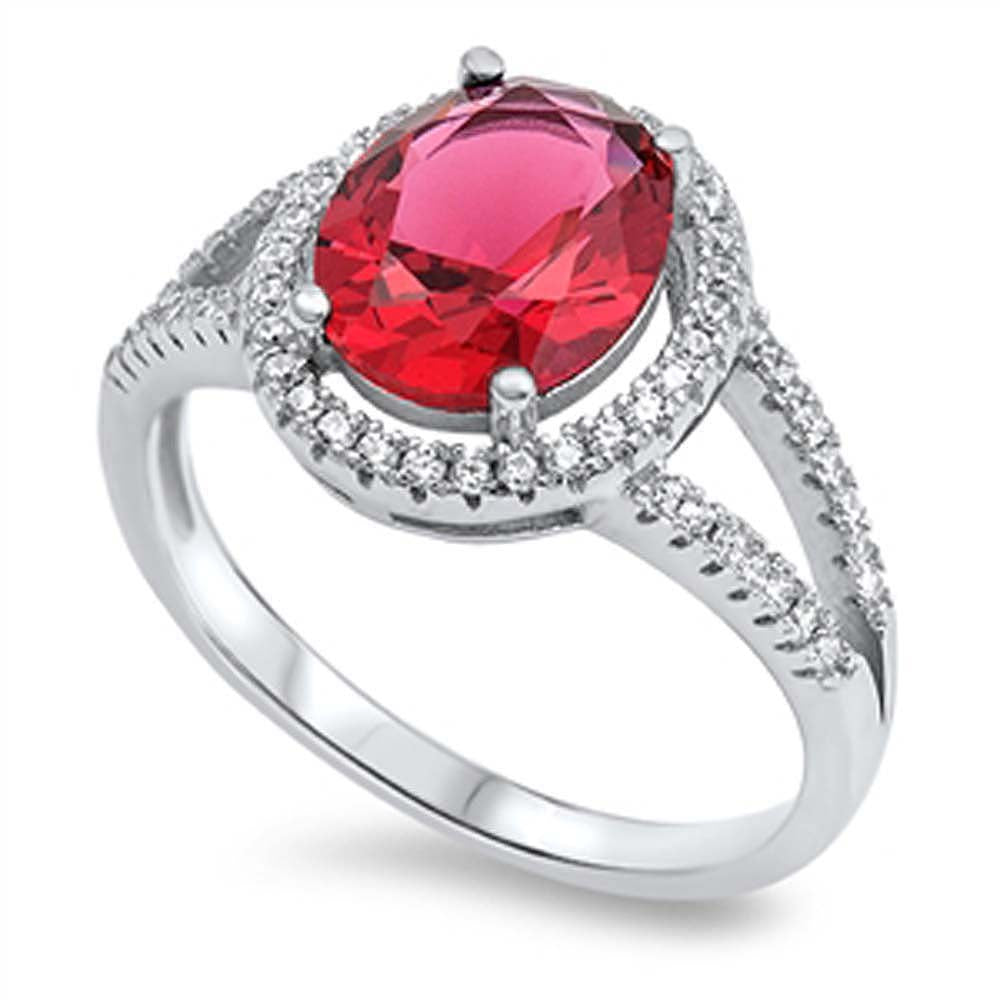 Sterling Silver Split Band Ring with Pave Set Cz and a Prong Set RubyAnd Ring Face Height of 13MM