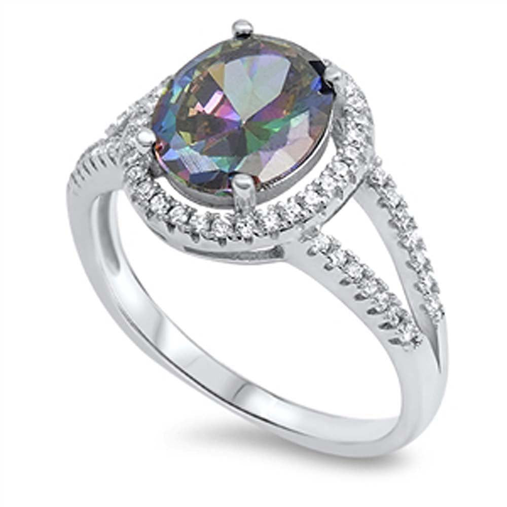 Sterling Silver Split Band Ring with Pave Set Cz and a Prong Set Rainbow TopazAnd Ring Face Height of 13MM