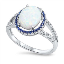 Load image into Gallery viewer, Sterling Silver Split Band Ring with Pave Set Cz and a Prong Set White Lab Opal Encircle by Blue SapphireAnd Ring Face Height of 13MM