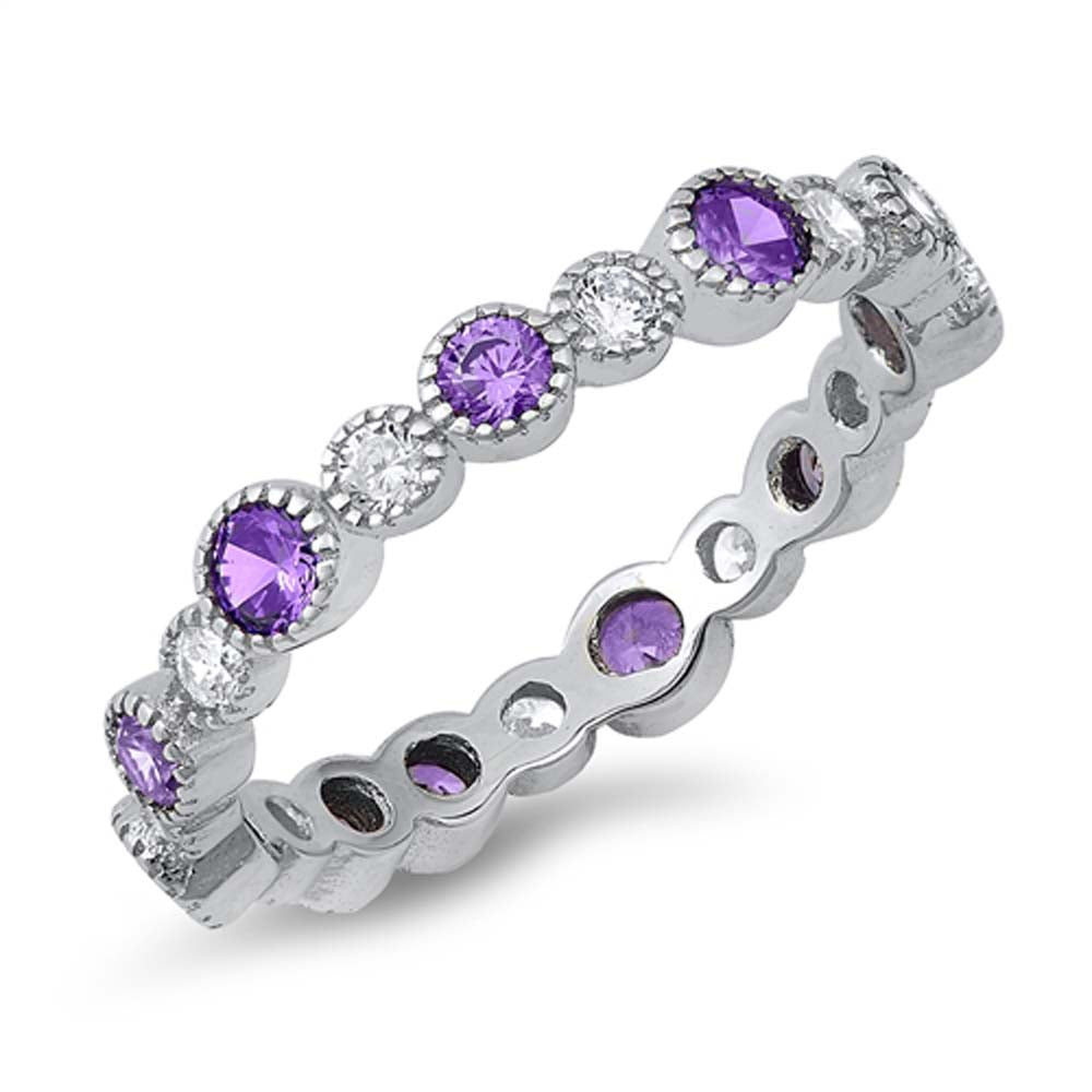 Sterling Silver Circles With Amethyst And Cubic Zirconia Ring