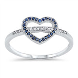 Sterling Silver Open Heart Ring with Clear Cz and Blue Sapphire on the HeartAnd Ring Face Height of 9MM