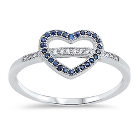 Sterling Silver Open Heart Ring with Clear Cz and Blue Sapphire on the HeartAnd Ring Face Height of 9MM