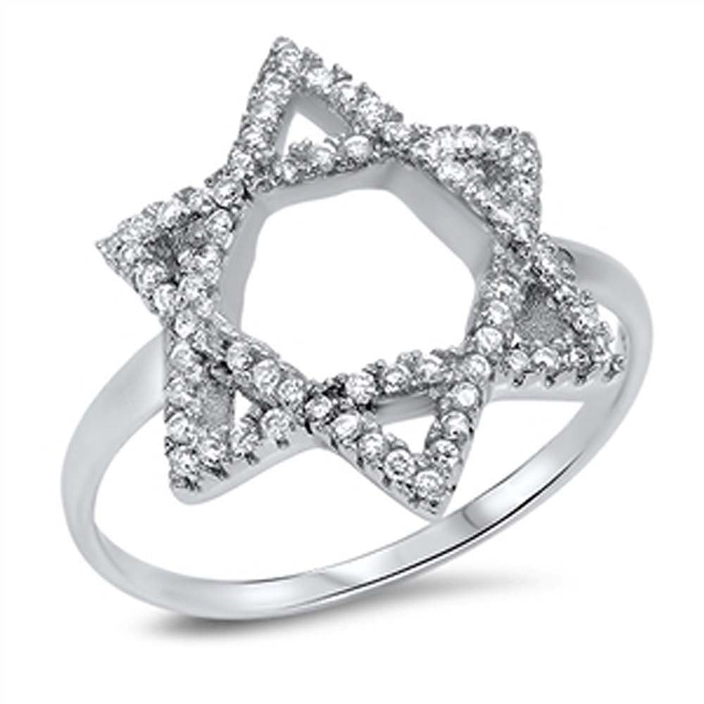 Sterling Silver Clear Cz Star of David Ring with Ring Face Height of 19MM