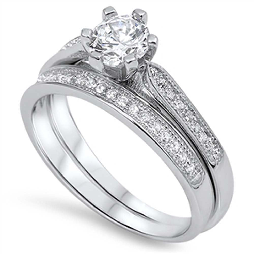 Sterling Silver Pave and Prong Set Cz 2 Set Engagement Rings with 5MM Cz In the CenterAnd Band Width of 5MM