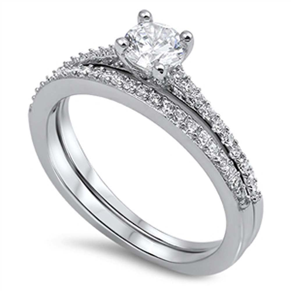 Sterling Silver 5MM Cz Pave 2 Set Engagement Rings, Band Width of 4MM