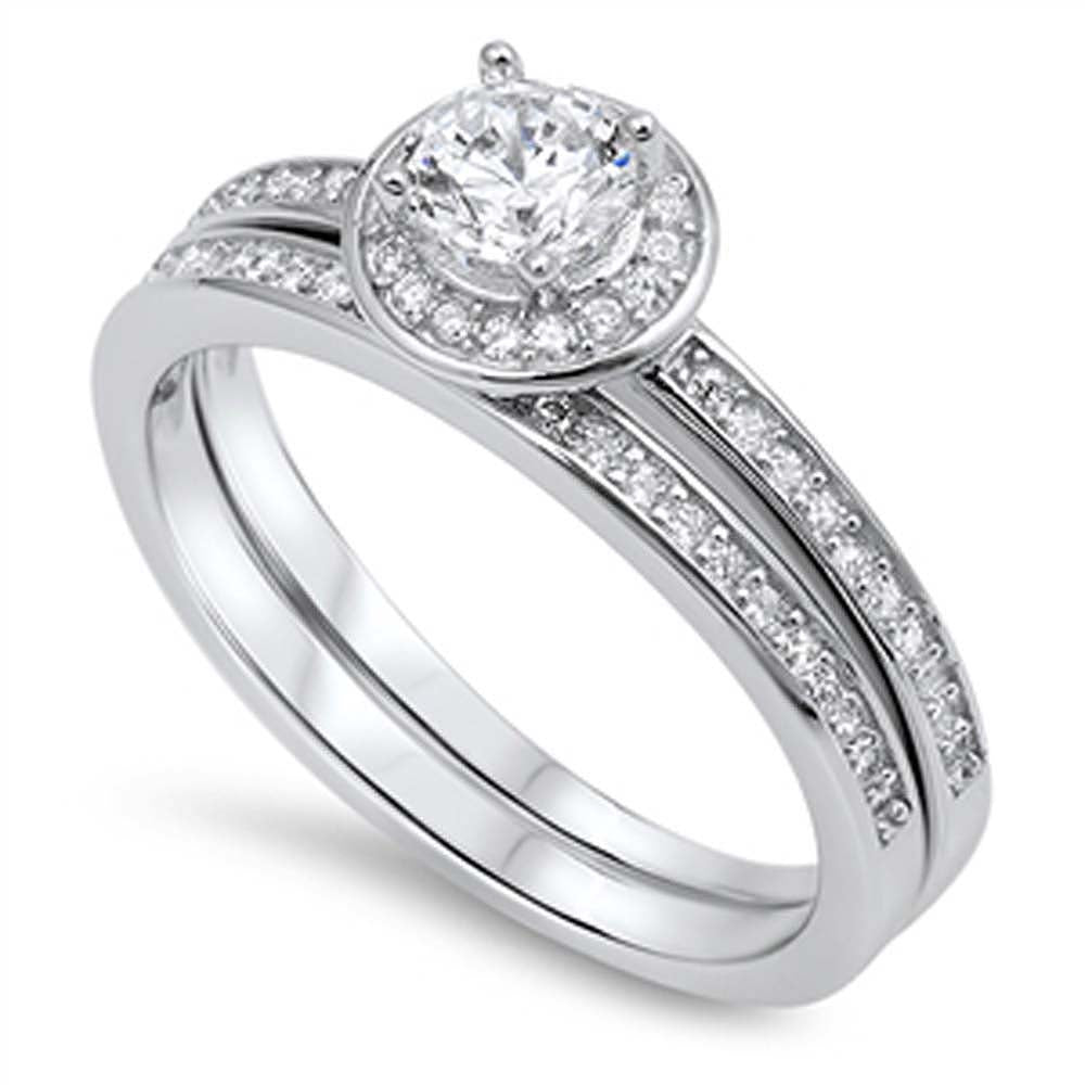 Sterling Silver 2 Set Engagement Rings with 5MM Cz In the Center Encircled by Pave Set CzAnd Band Width of 4MM