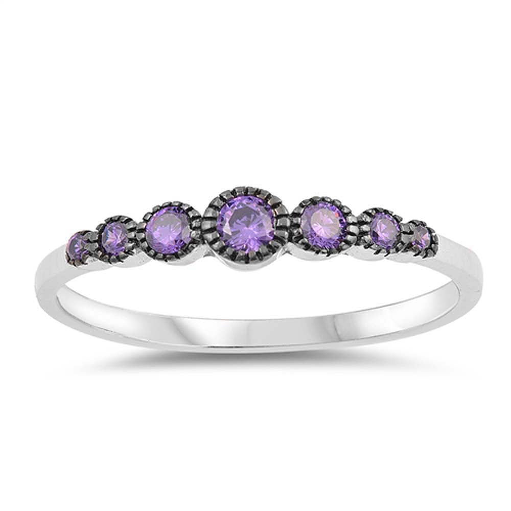 Sterling Silver Round Shaped Amethyst CZ Rings, Face Height 4mm
