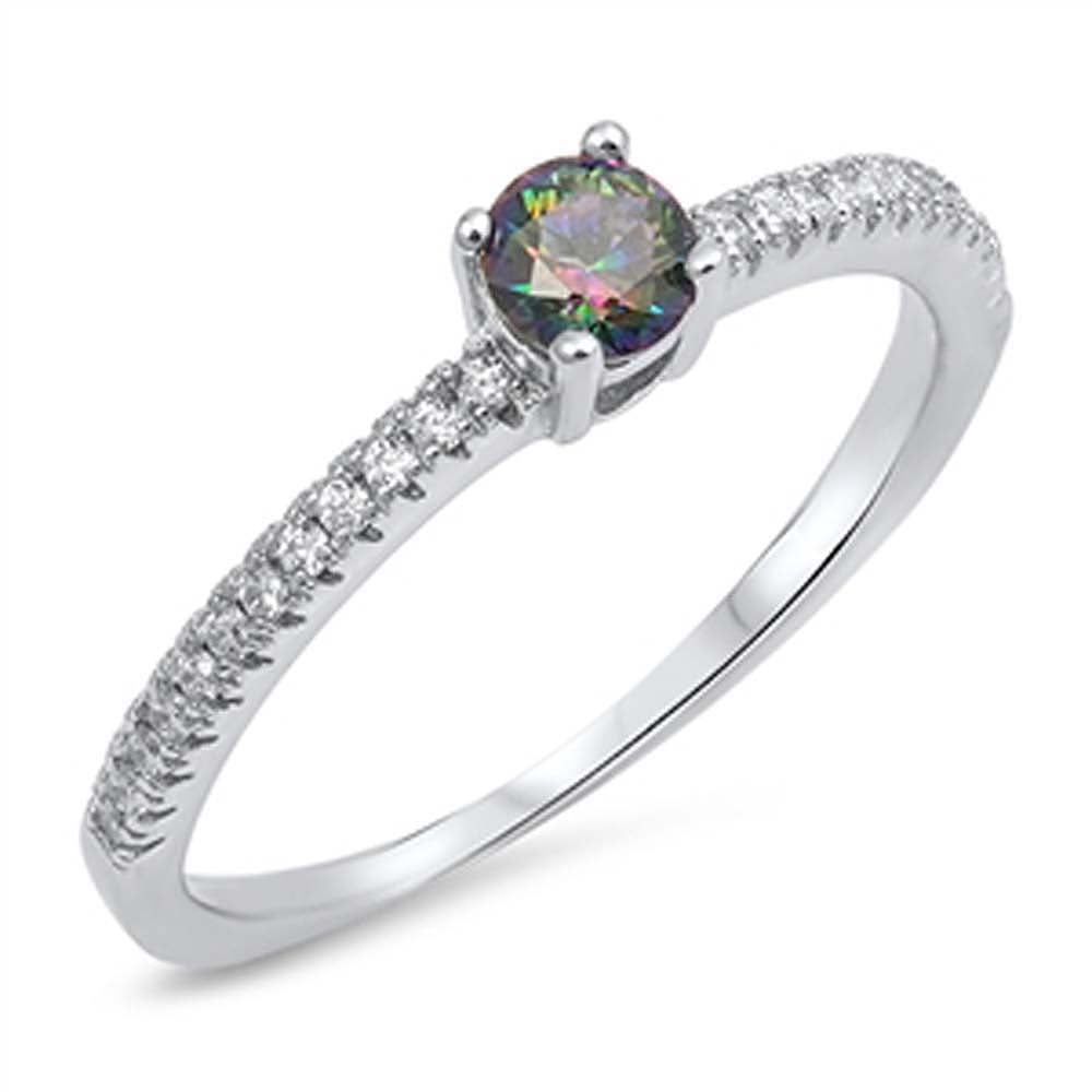Sterling Silver Pave Set Cz Ring with a 4mm Prong Set Rainbow Topaz in the Center