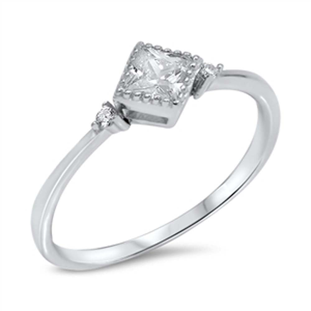 Sterling Silver Fancy Pincess Cut Clear Cz Ring with Round Cz on Both SidesAnd Face Height of 6MM