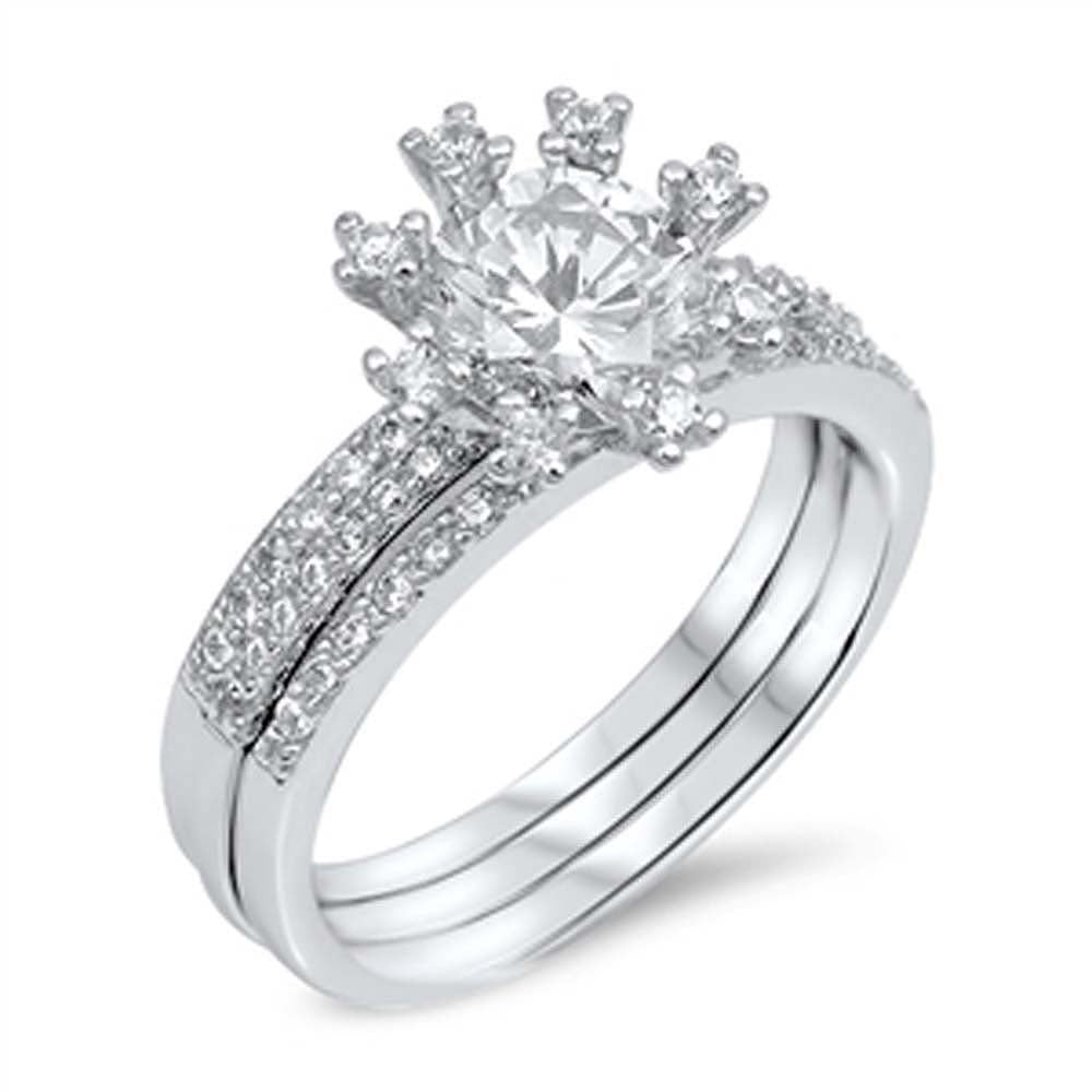 Sterling Silver Fancy Flower with Centered Round Cut Clear Cz Pave Wedding Ring SetAnd Center Stone Size of 7MM