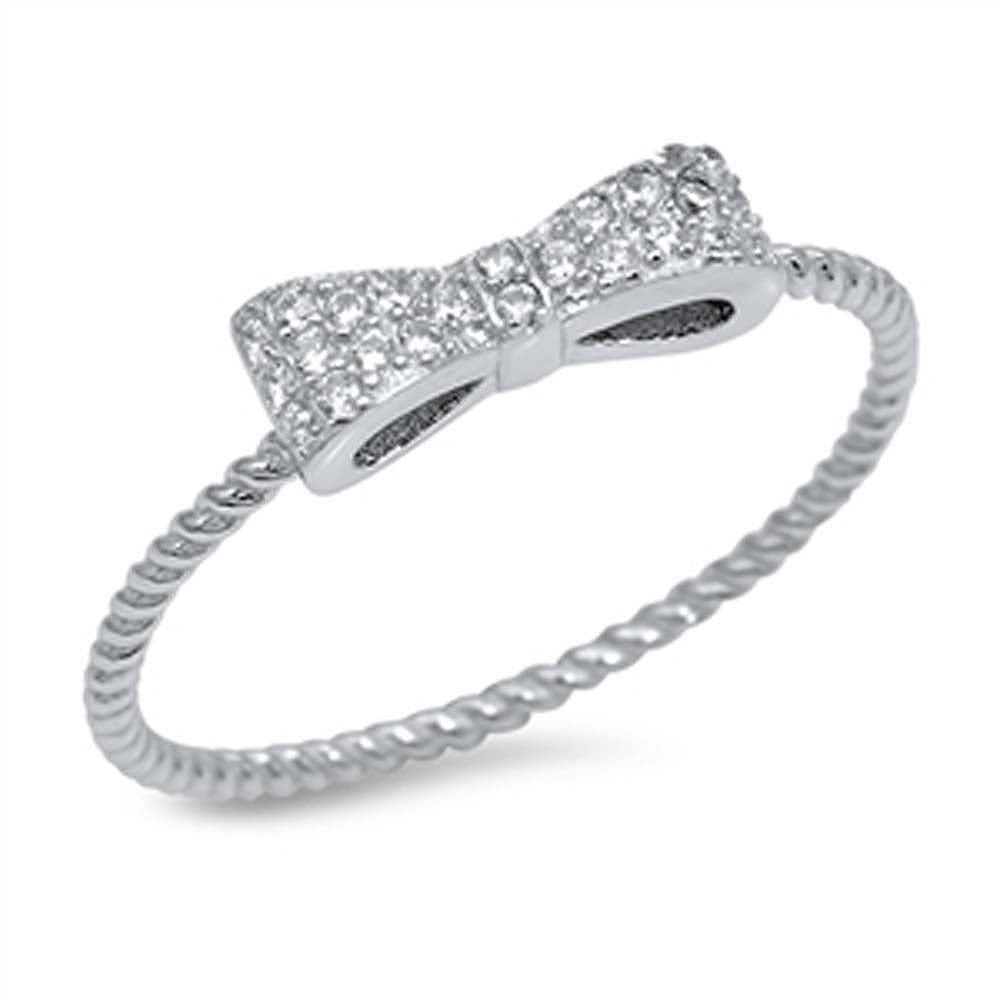 Sterling Silver Trendy Micro Pave Bow Twisted Band Ring with Face Height of 3MM