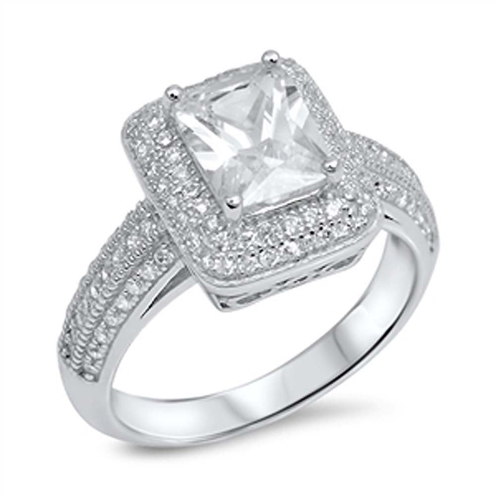 Sterling Silver Filigree Micro Pave with Centered Radiant Cut Clear Cz RingAnd Face Height of 12MM