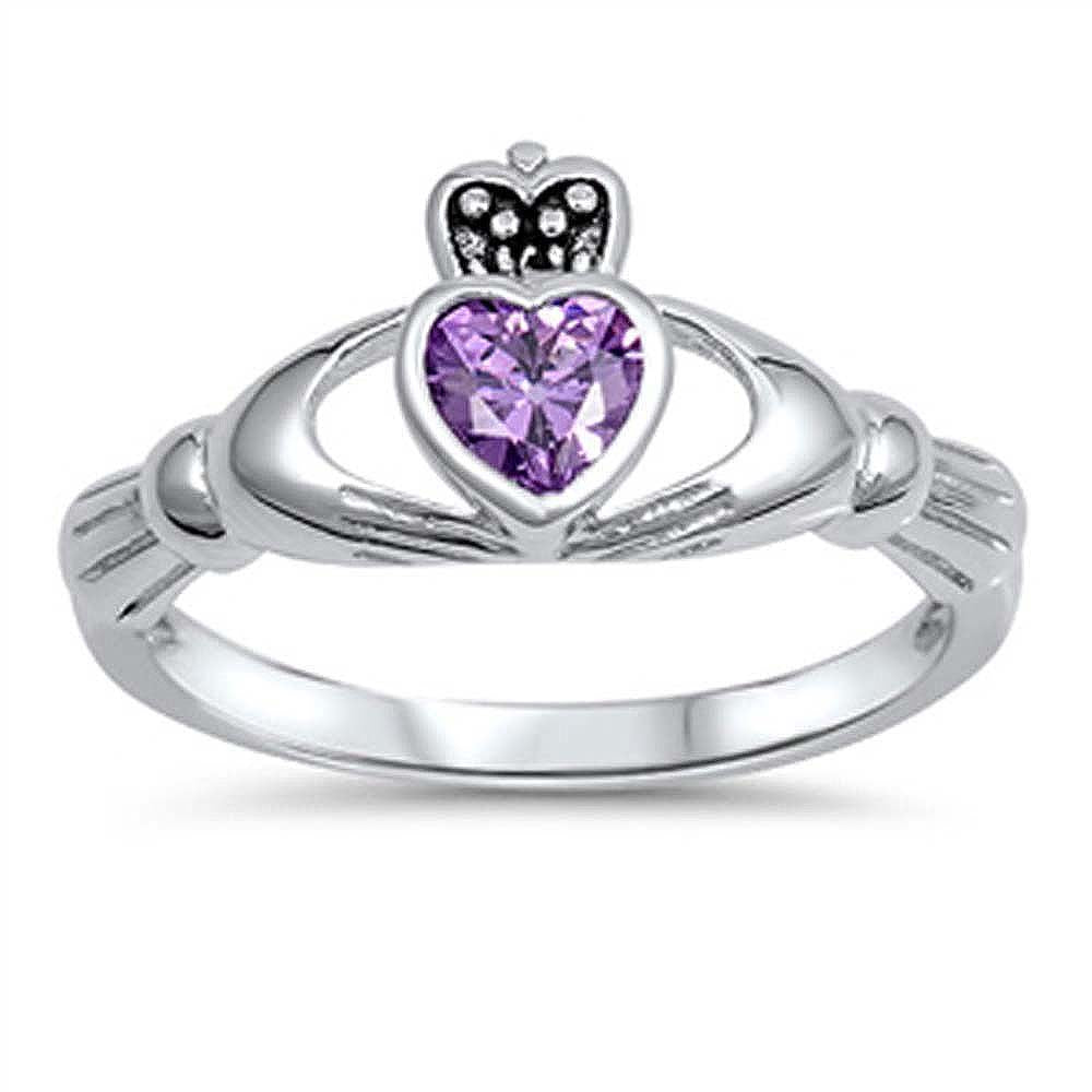 Sterling Silver Amethyst Cz Stone Claddagh Ring with Face Height of 10MM