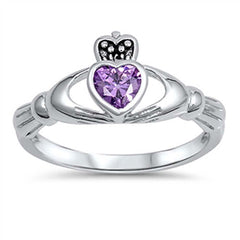 Sterling Silver Fancy Amethyst Cz Stone Claddagh Ring with Face Heigt of 10MM