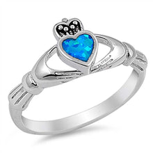 Load image into Gallery viewer, Sterling Silver Blue Lab Opal Claddagh Ring with Face Height of 10MM